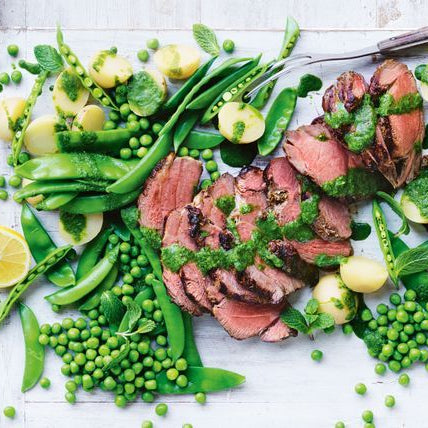 BBQ lamb with pea Salad and mint sauce