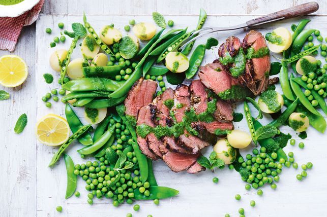 BBQ lamb with pea Salad and mint sauce
