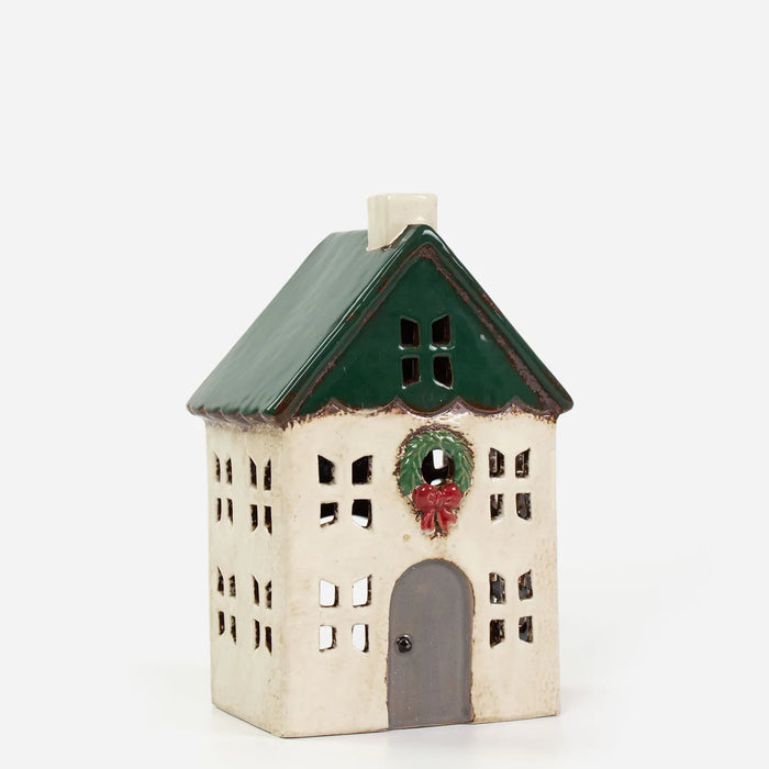 Christmas Tea Light House with Green Wreath small