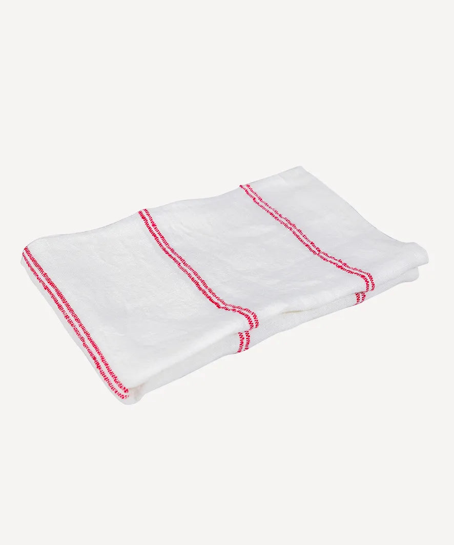 Woven Stripe Tea Towel Off White Red