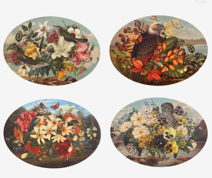 Oval Placemat set of 4 Vintage Birds