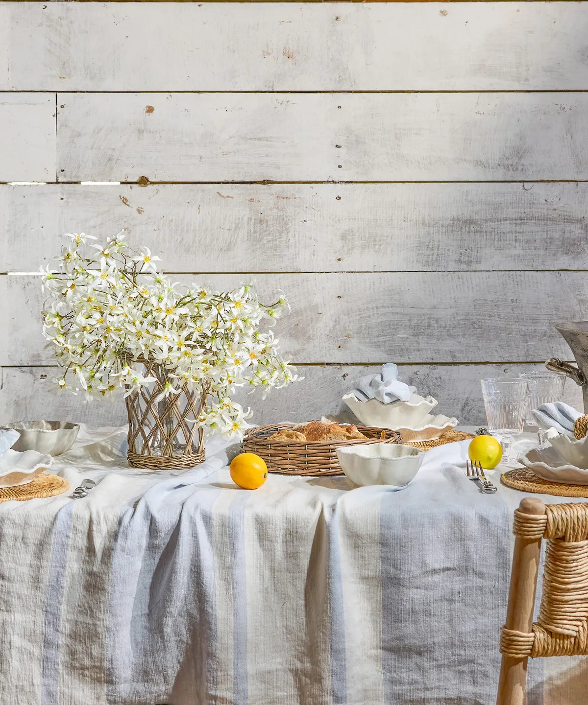 Stripe Linen Tablecloth Plae Blue Small 280cmLx150cmW