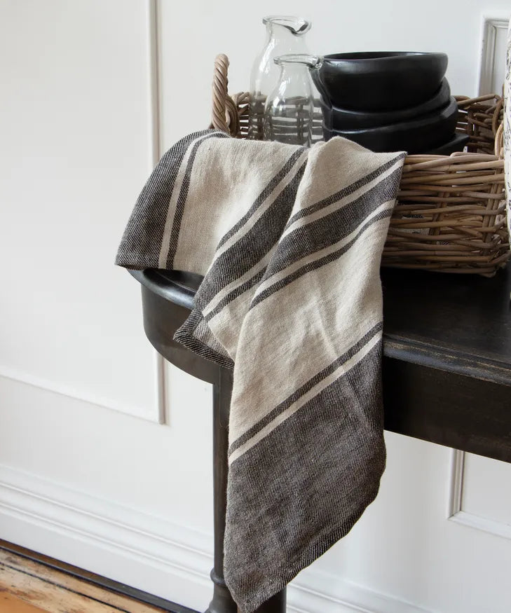 Twill Tea Towel Charcoal with Natural Stripes