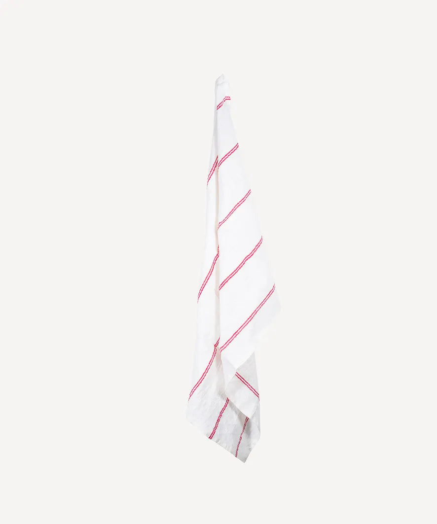 Woven Stripe Tea Towel Off White Red