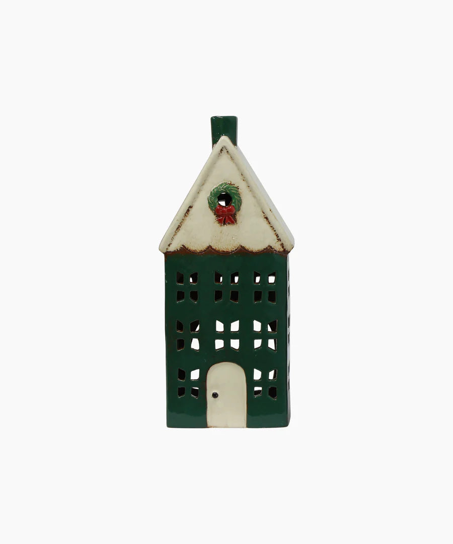 Christmas Tea Light House Green with Wreath Large